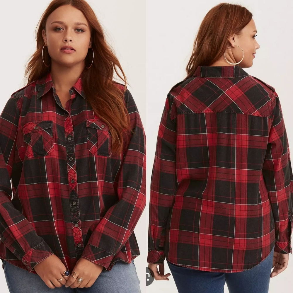 NWT Torrid red and black plaid cotton camp flannel shirt